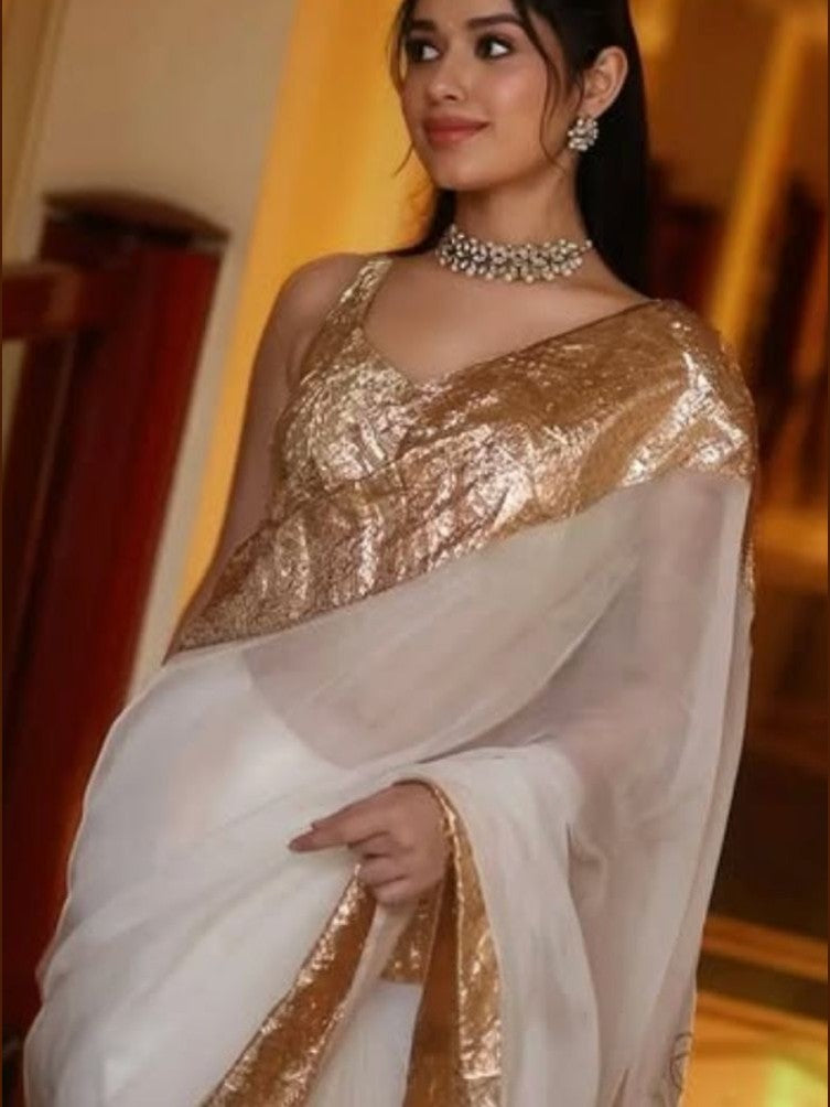 Zeya Ivory & Gold Saree with Gold Border