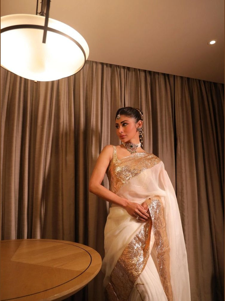 Zeya Ivory & Gold Saree with Gold Border