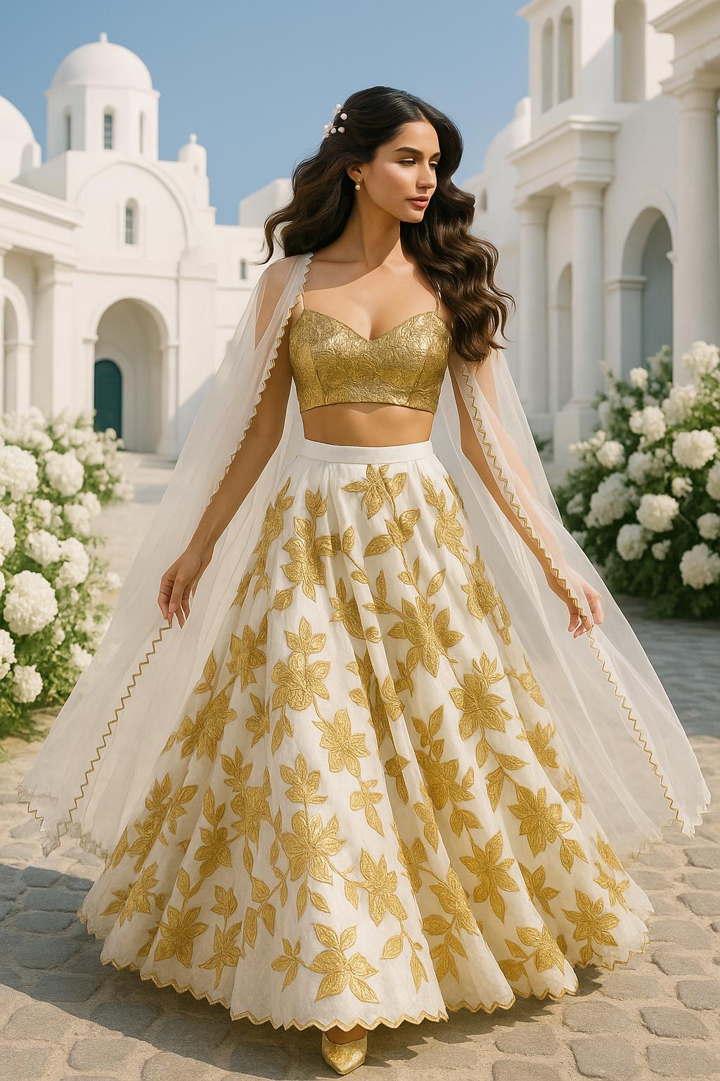 Woman in a gold and white traditional outfit with floral patterns, standing in front of a white architectural background.
