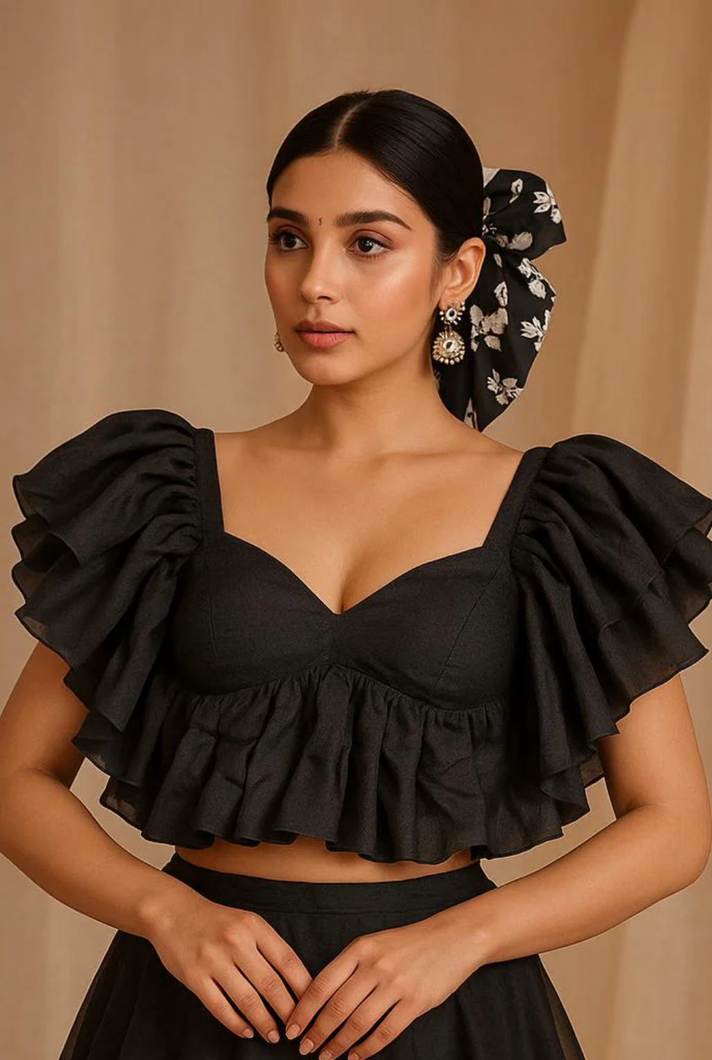 Woman wearing a black blouse with a beige background