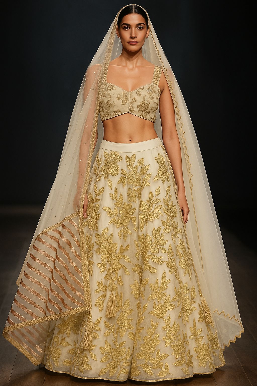 Woman in a gold and white traditional outfit with floral patterns, standing in front of a white architectural background.