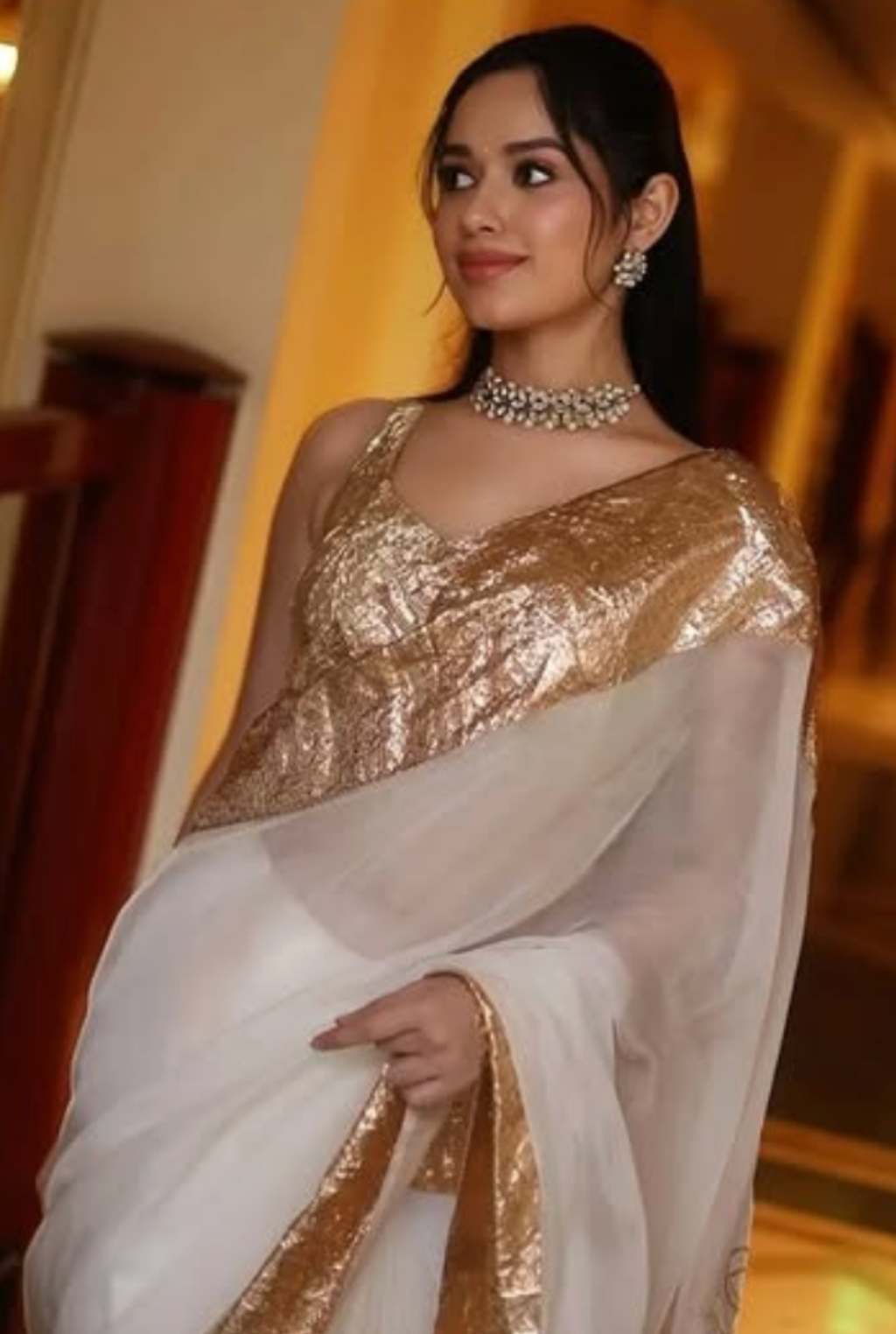 Zeya Ivory & Gold Saree with Gold Border